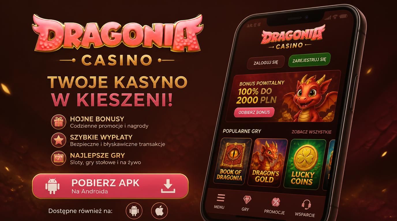 Interfejs aplikacji Dragonia z przyciskiem „Pobierz” dla Androida i iOS.