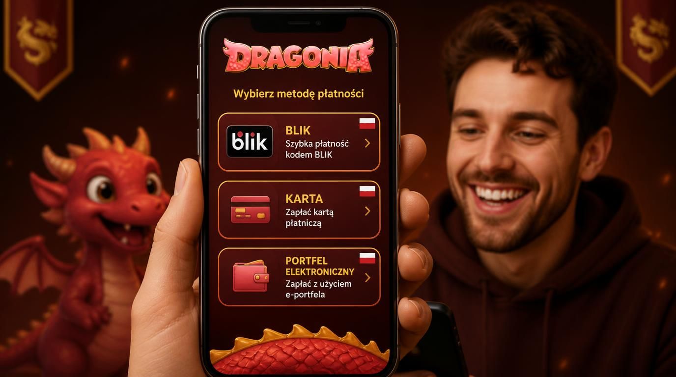 Opcje płatności w aplikacji Dragonia dostępne z telefonu.