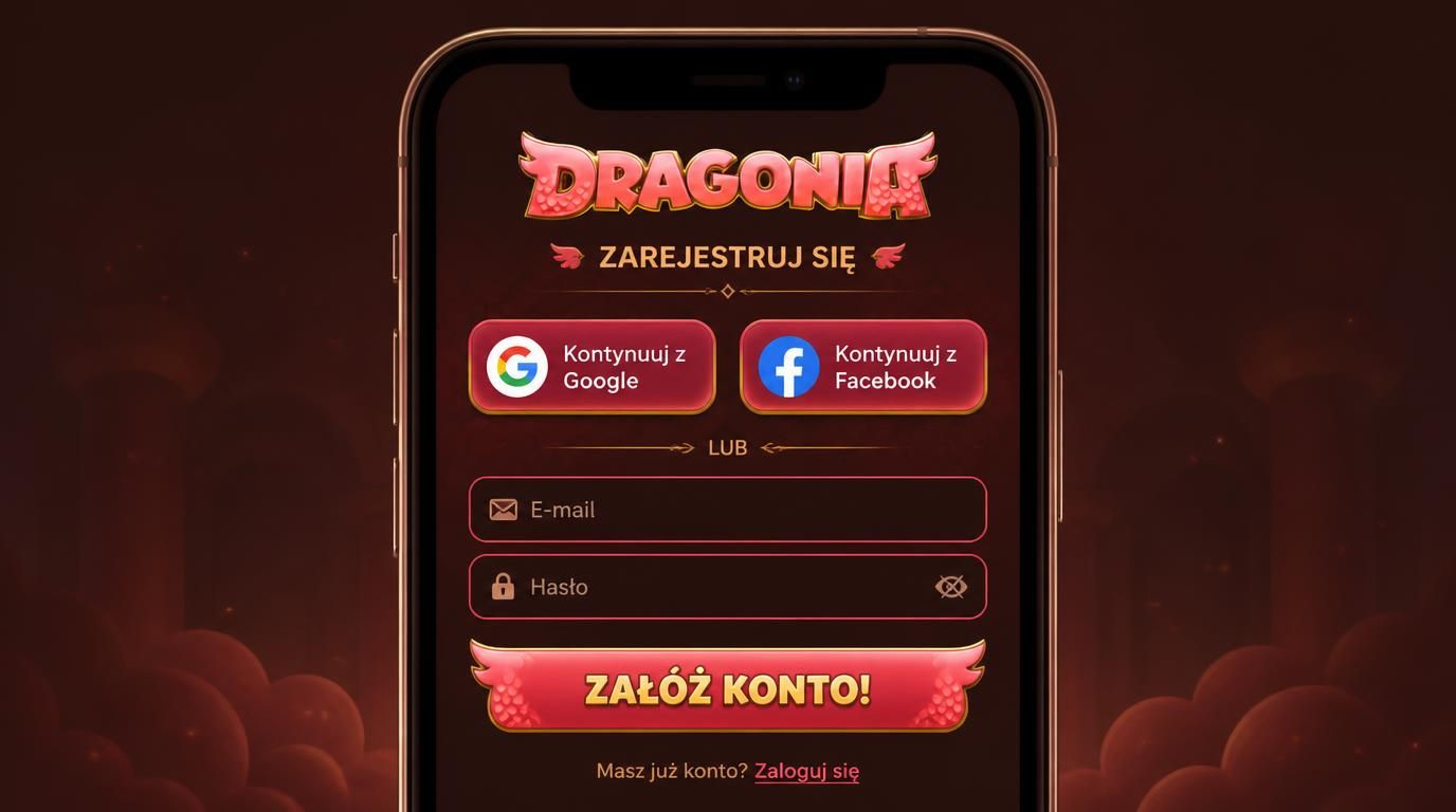 Smartfon z formularzem rejestracyjnym Dragonia Casino, zawierającym opcje Google i e-mail
