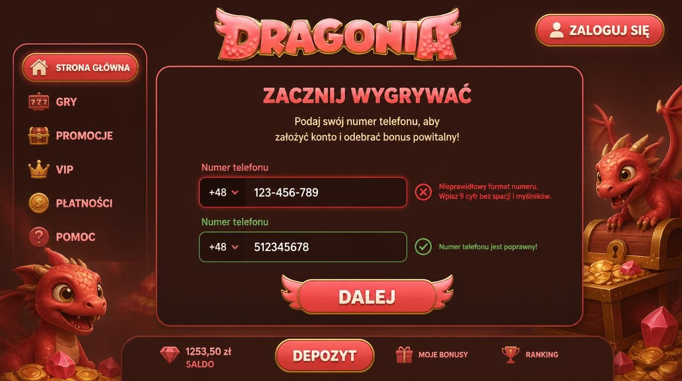 Formularz telefonu z kodem +48 i poprawnym formatem numeru w Dragonia Casino